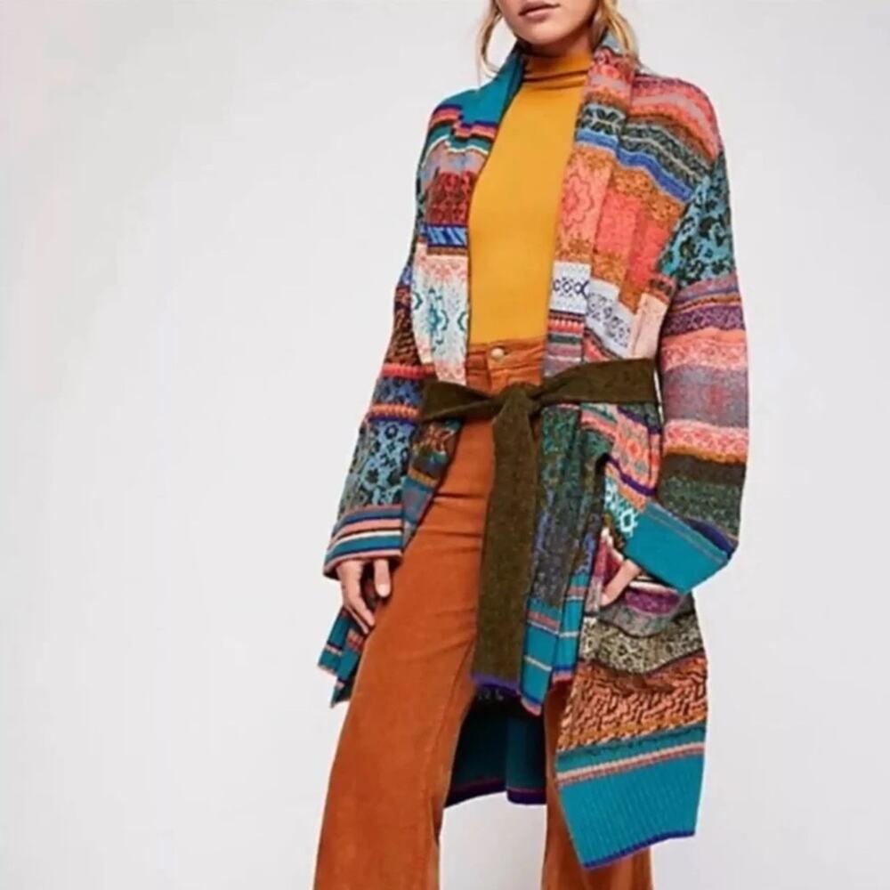 Free People Fantasia Fairisle Longline Cardigan Belted Mix Pattern Sweater Sz XS